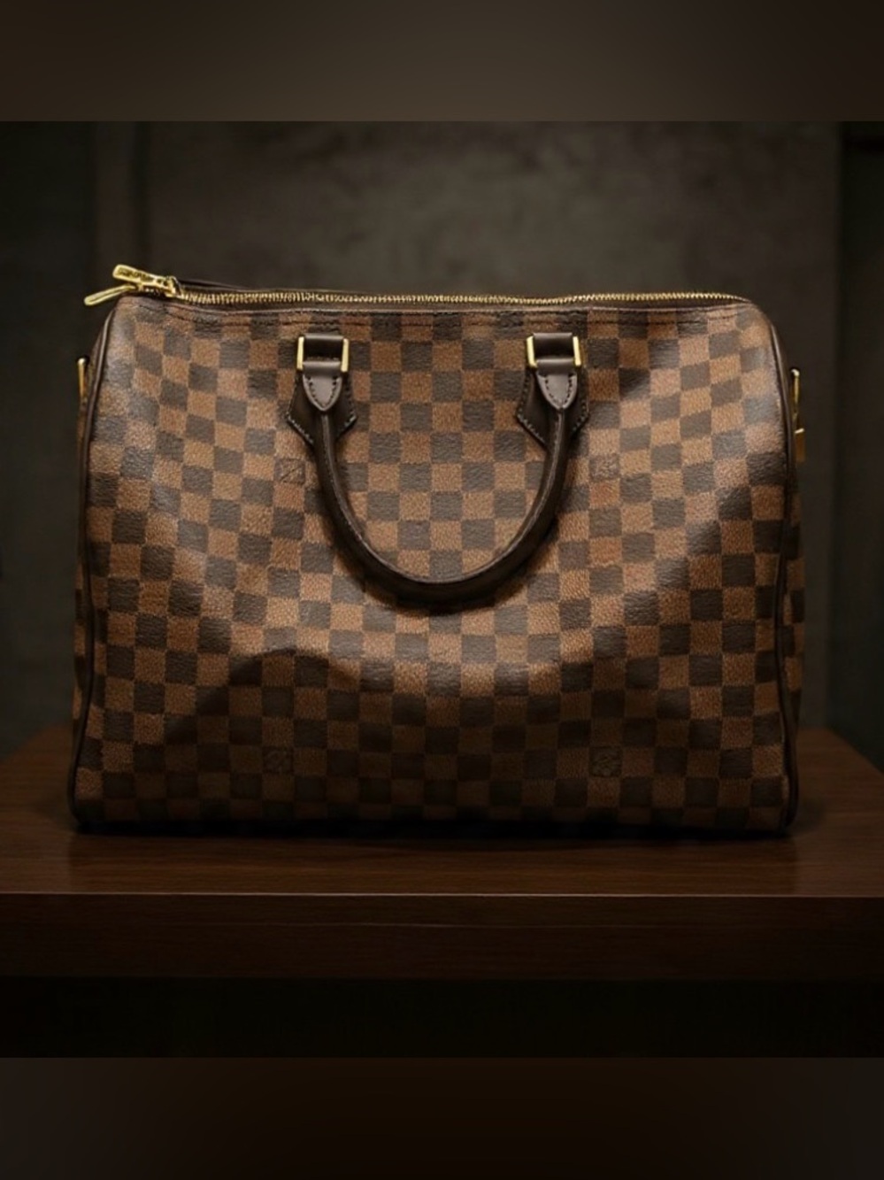 Brown Checkered Leather Weekender Bag